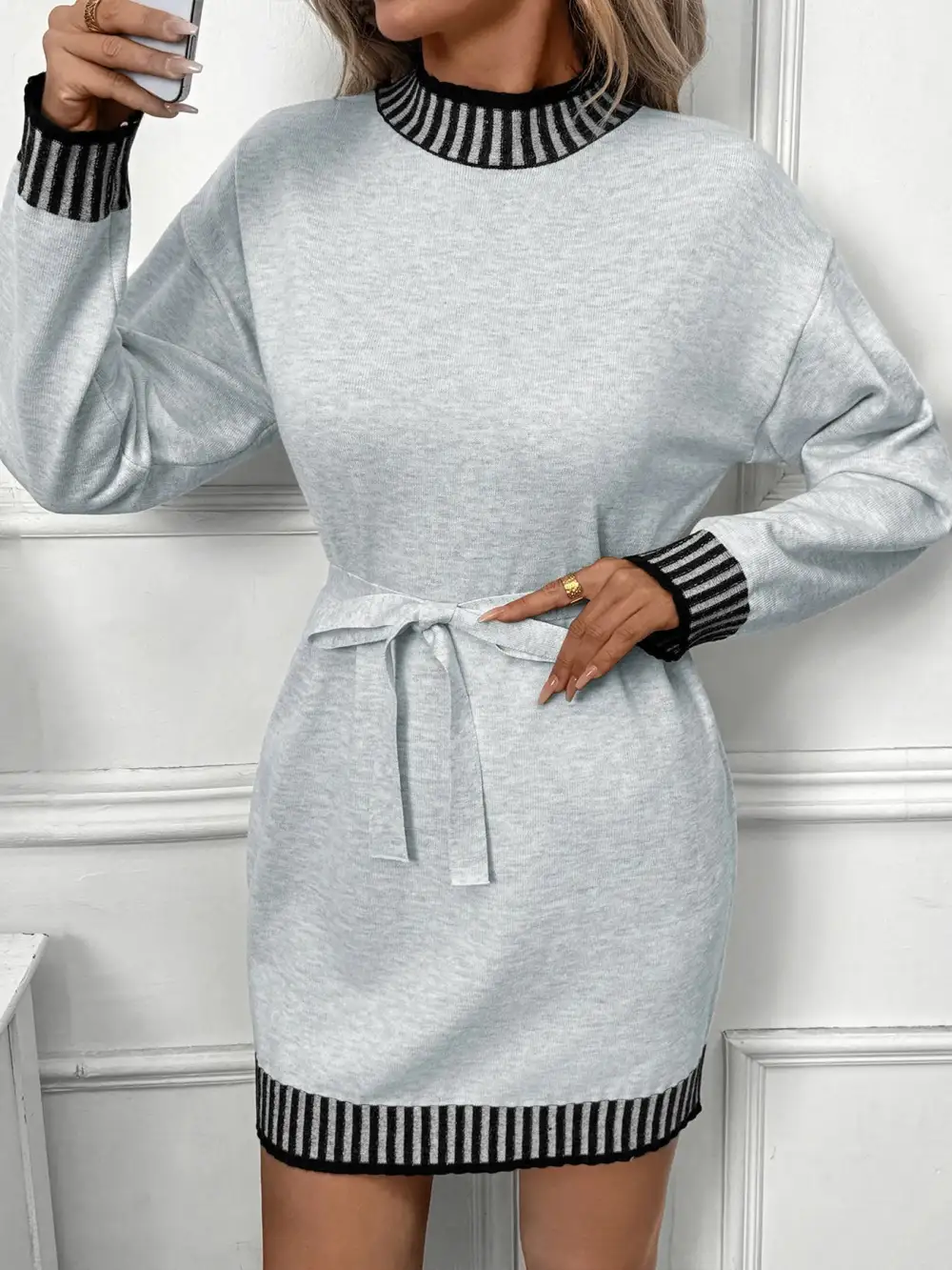 Striped Tie Waist Sweater Dress