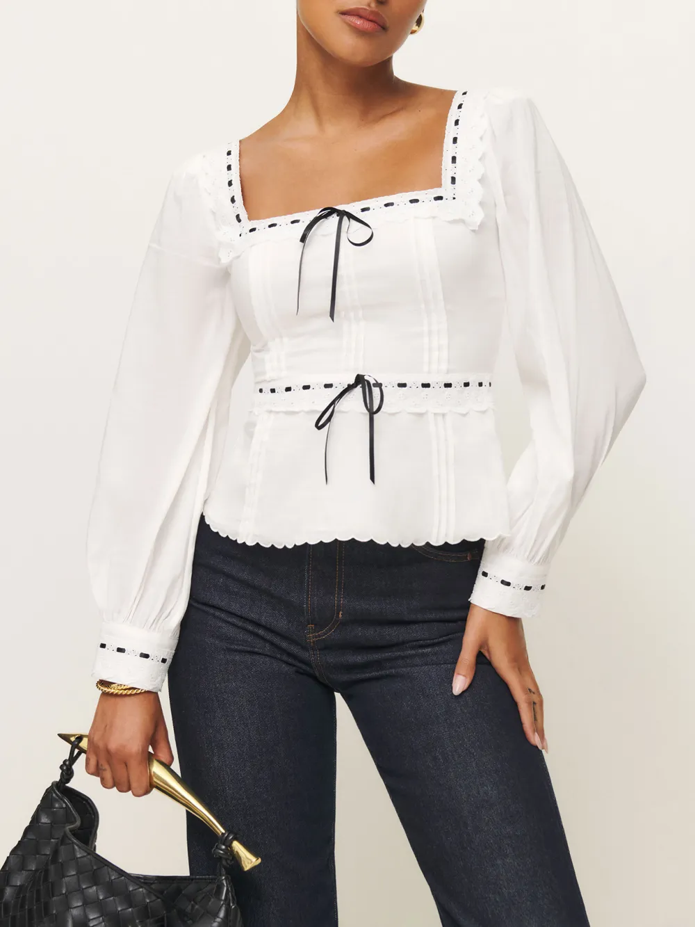 Studded Square Neck Puff Sleeve Blouse