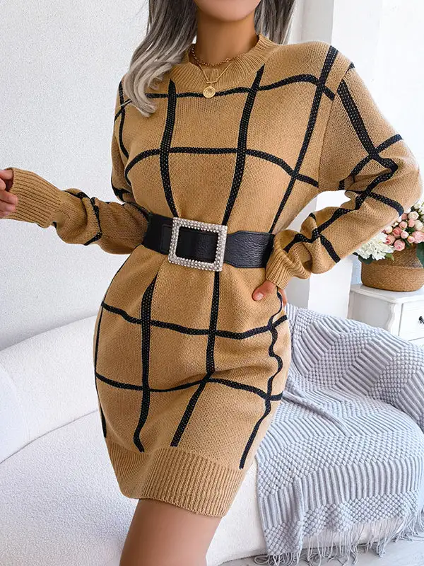 Elasticated Waist Long Sleeve Belted Contrast Color Plaid Round Neck Mini