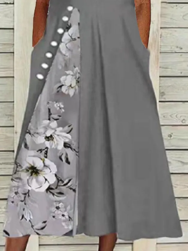 Casual Floral Print Sleeveless V Neck Midi Dress