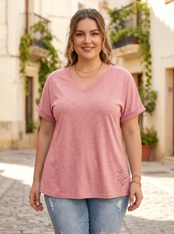 Women's Plus Size Sage Green V-Neck Tee with Cuffed Sleeves