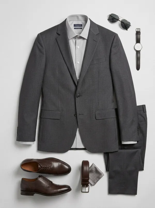 Men's Gingham-Shirt Solid Suit Jacket and Shirt Set