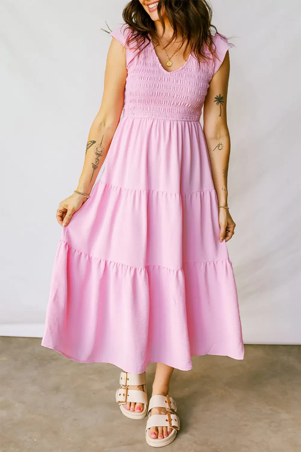 Tiered Smocked Flutter Sleeve Midi Dress