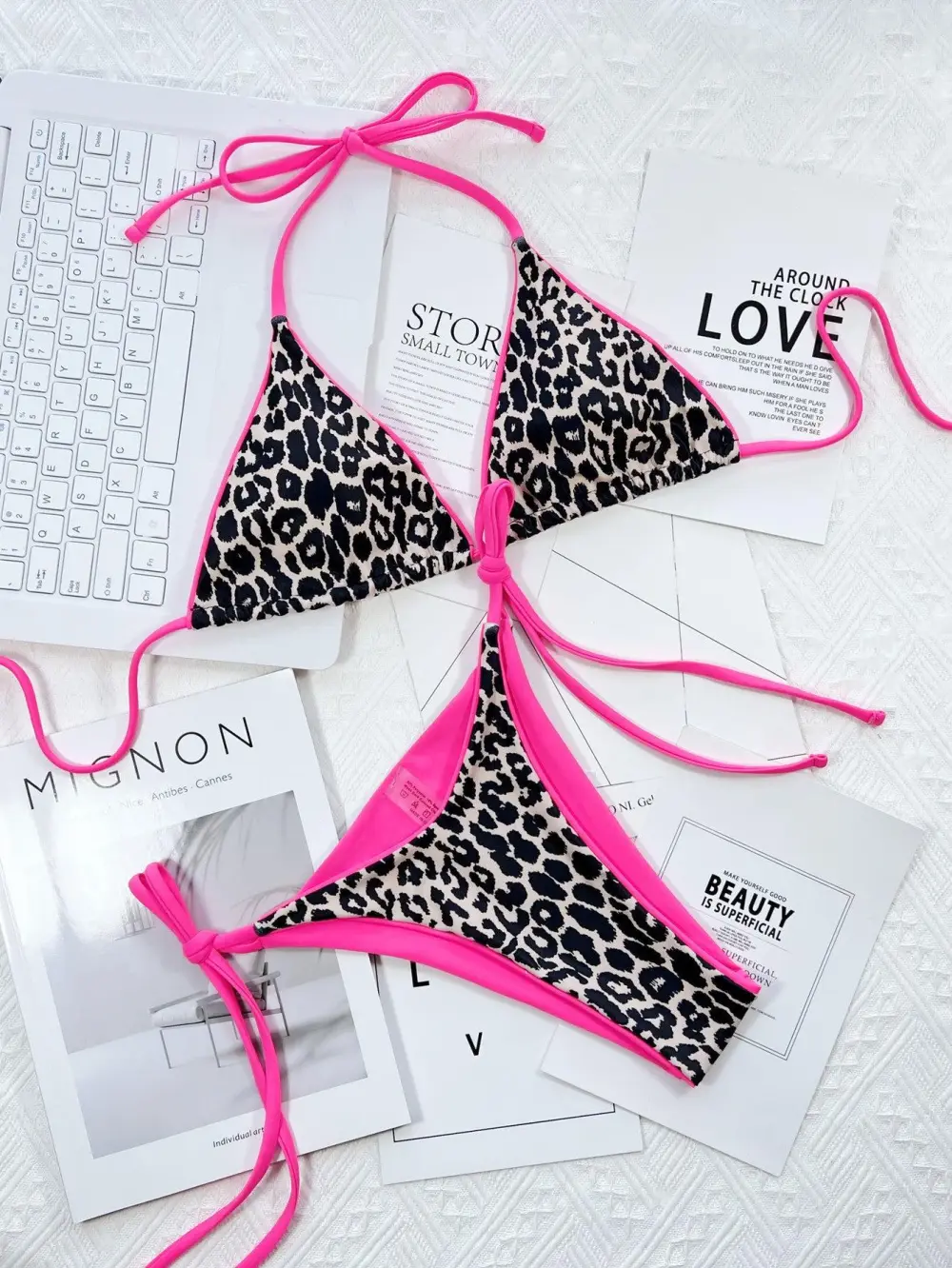 Leopard Print Halter Neck Tie Bikini Swim Set