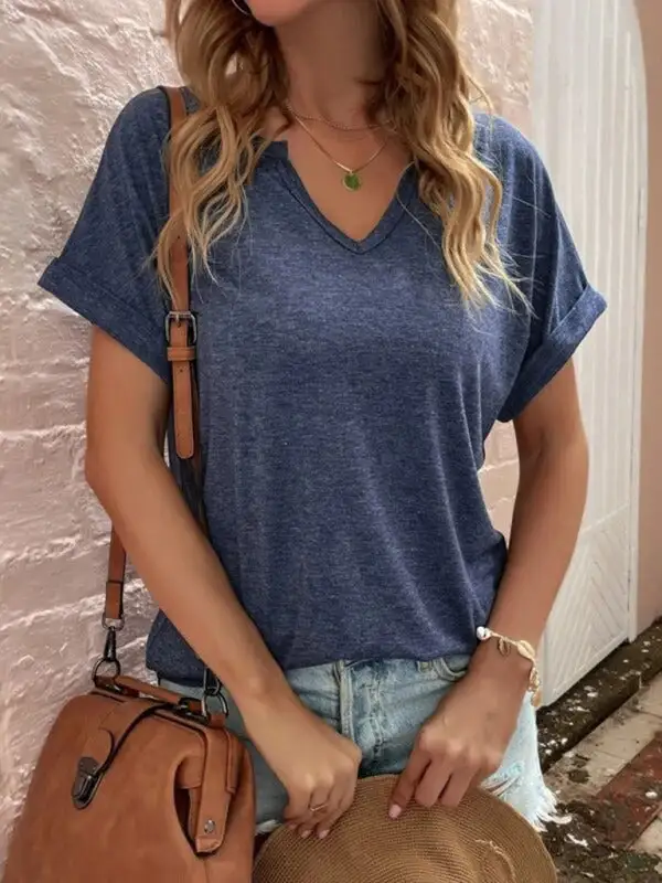 Notched-Neck Short-Sleeve Knit Relaxed T-Shirt