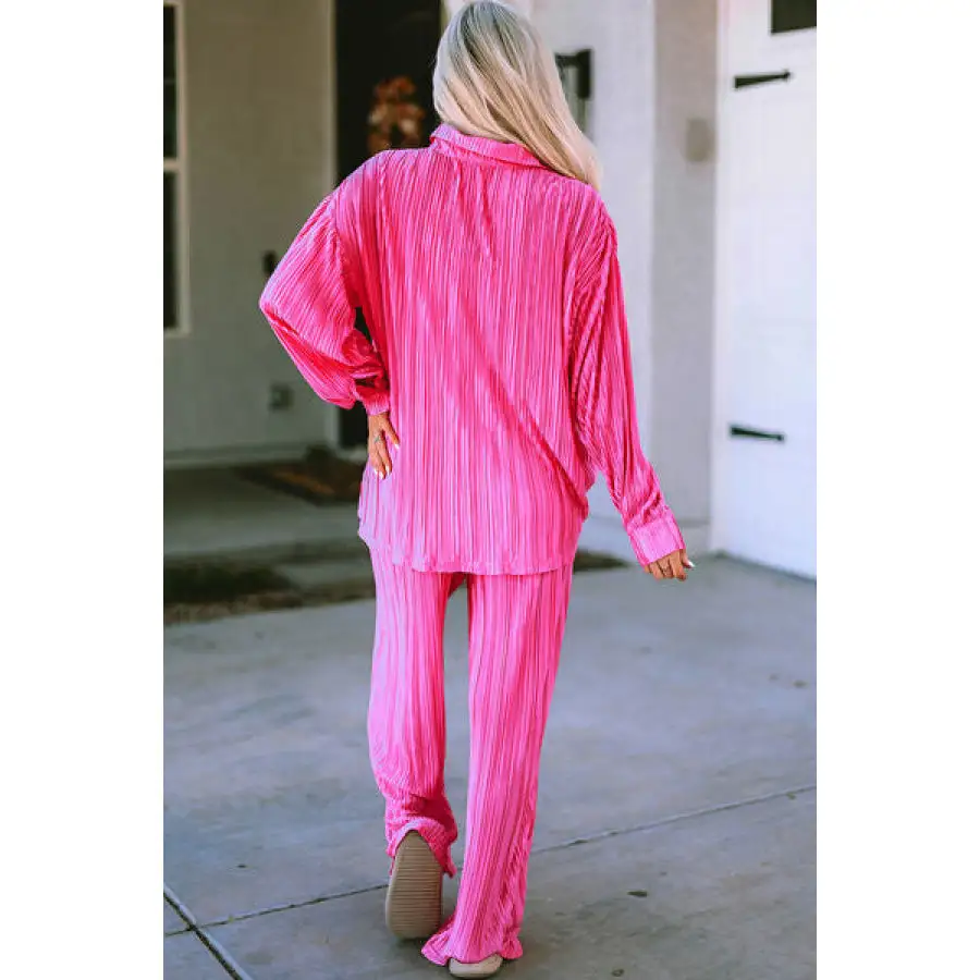 Pleated Button Up Shirt and Wide Leg Pants Set