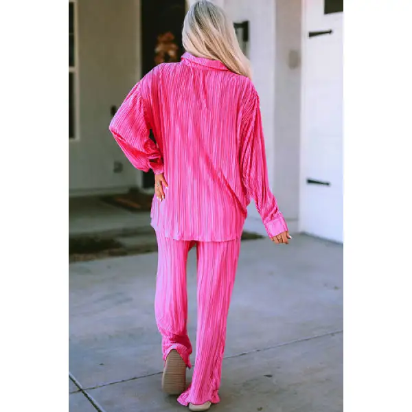 Pleated Button Up Shirt and Wide Leg Pants Set