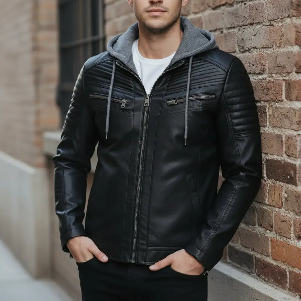 Modern Leather Biker Hooded Multi Pocket Jacket