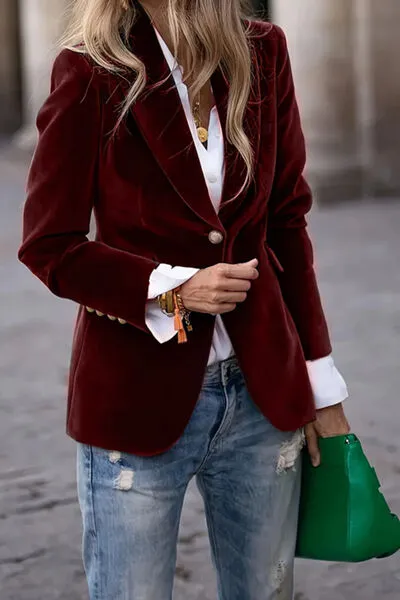Refined Single-Button Lapel-Collar Long-Sleeve Blazer