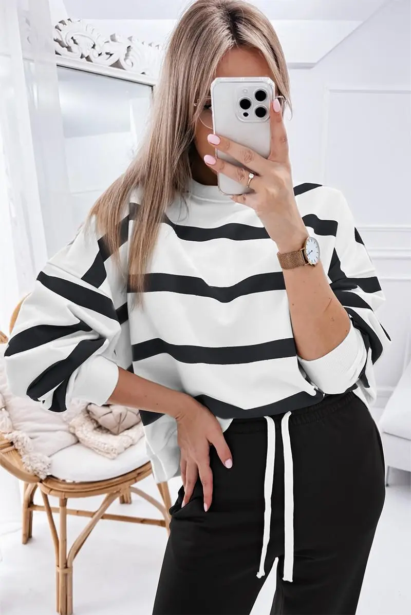 Women's Striped Two Piece Outfit Long Sleeve Drop Shoulder Pullover Tops & Jogger Pants