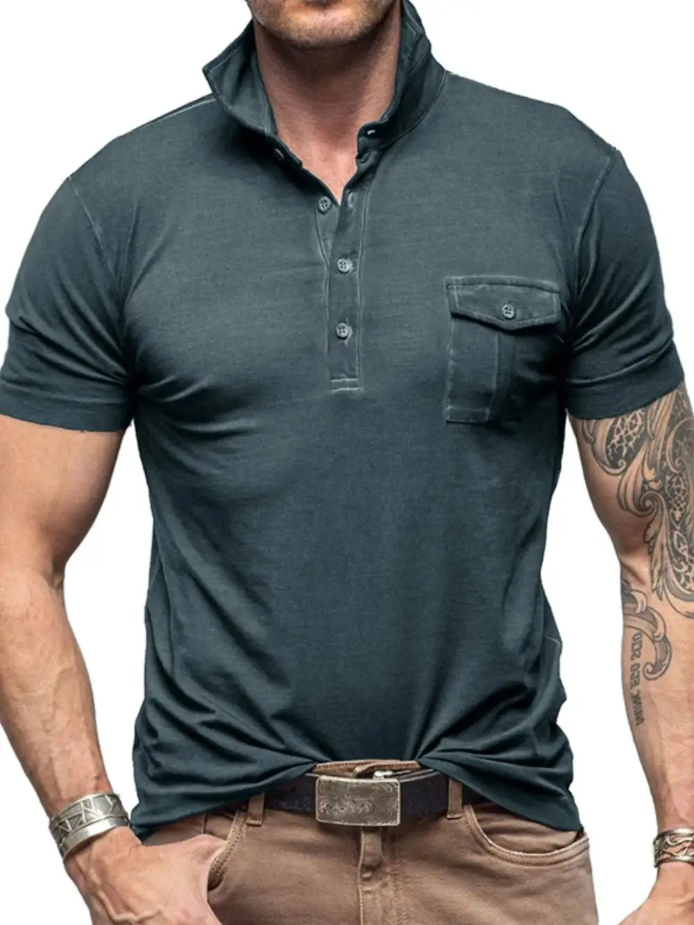 Stand-Collar Pocketed Polo Shirt