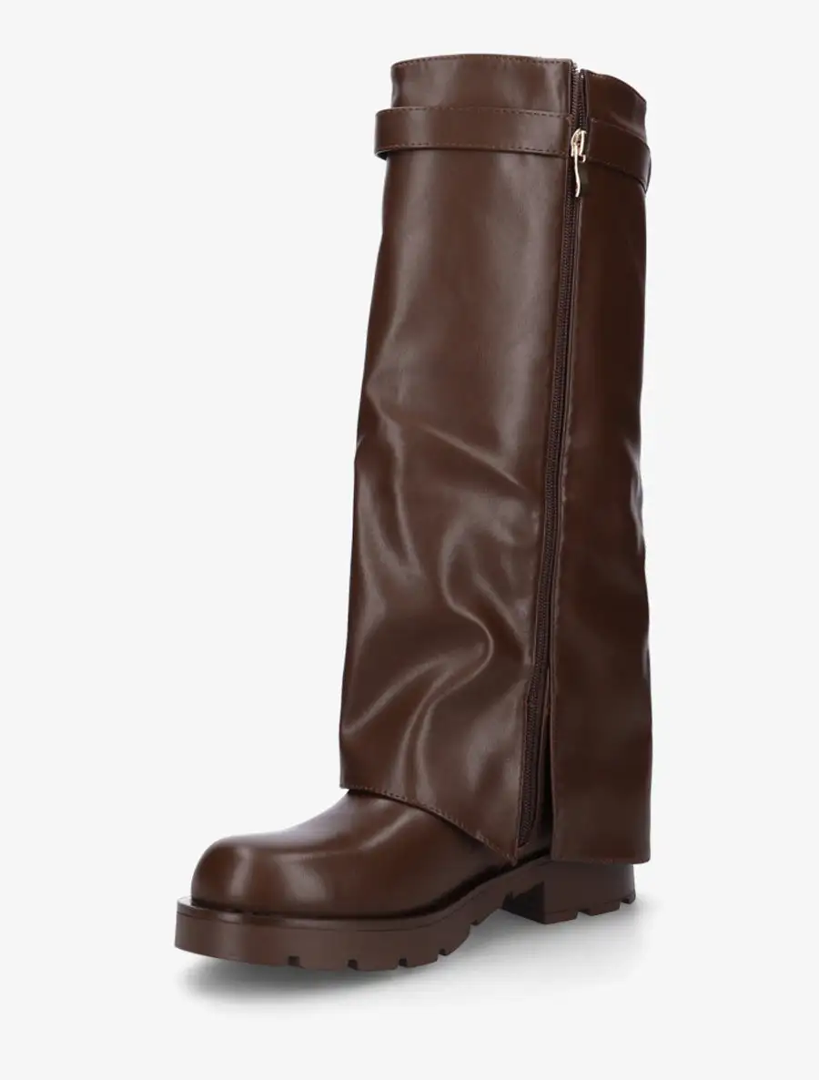 Elegant Block Heel Fold-Over Faux Leather Knee High Boots