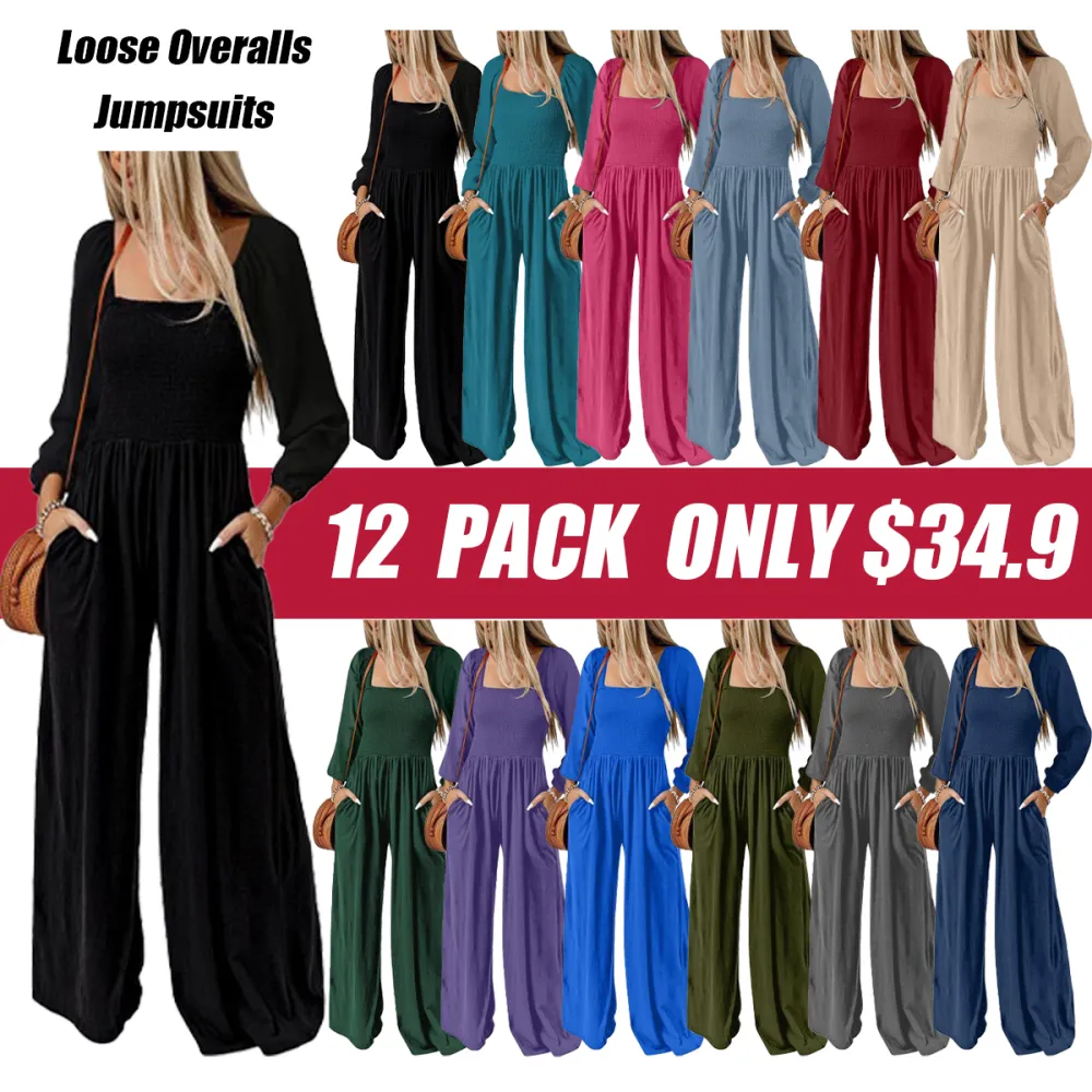 CLEARANCE SALE  Women's Casual Loose Overalls Jumpsuits One Piece Long Sleeve Wide Leg Long Pant Rompers With Pockets Plus Size Packge Suit