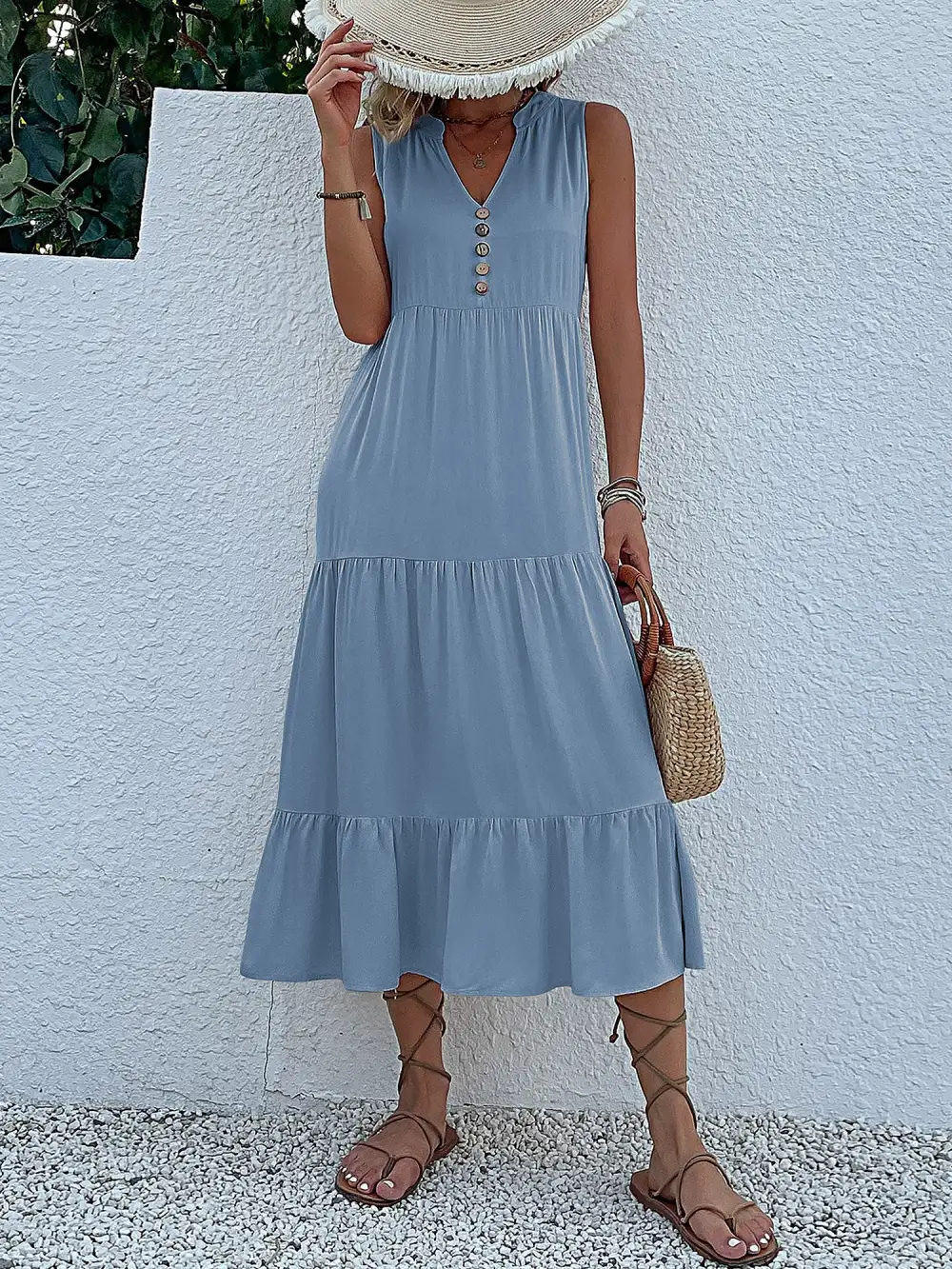 Notch-Neck Buttoned Sleeveless Tiered Midi Dress
