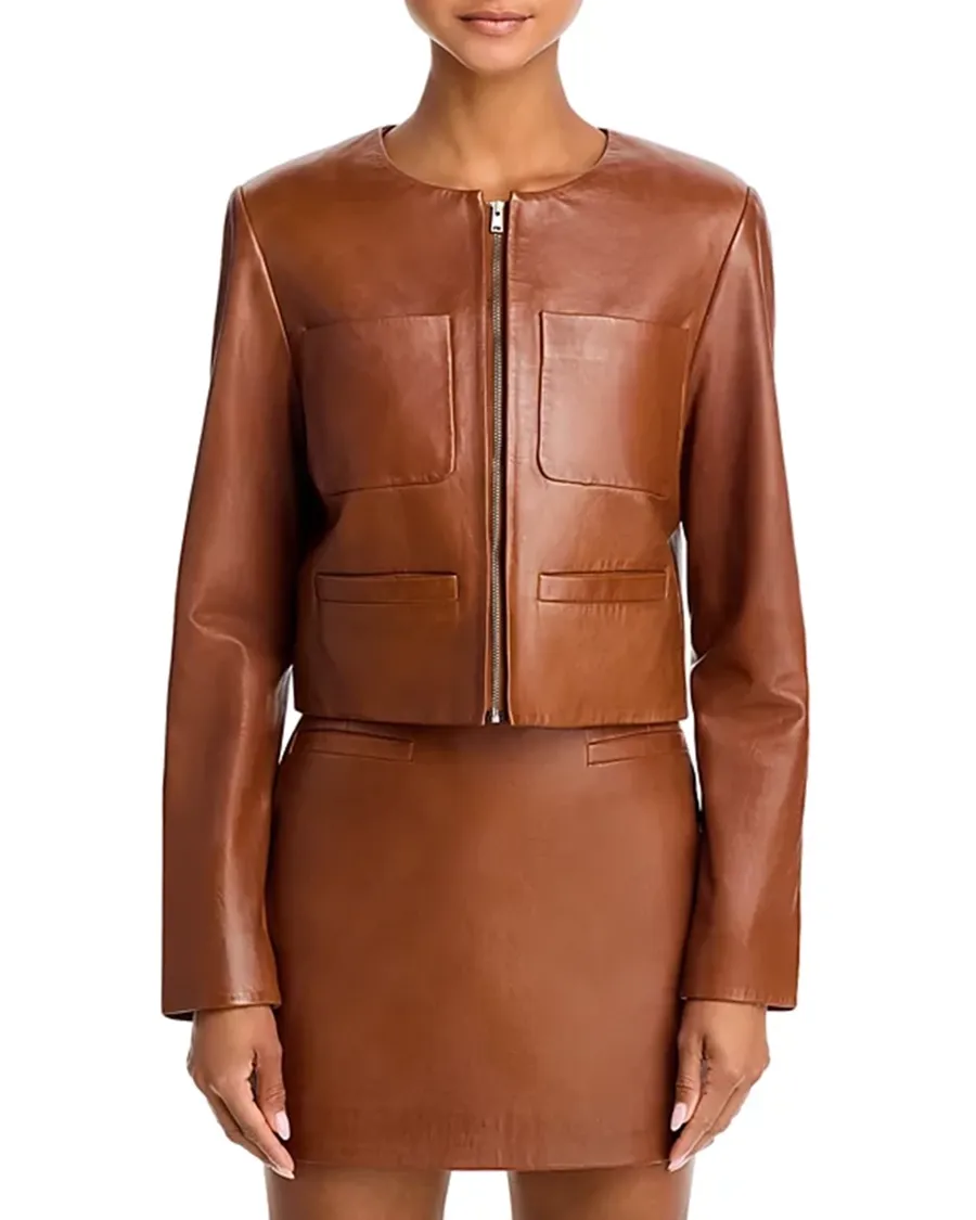 Long Sleeves Round Neck Leather Jacket