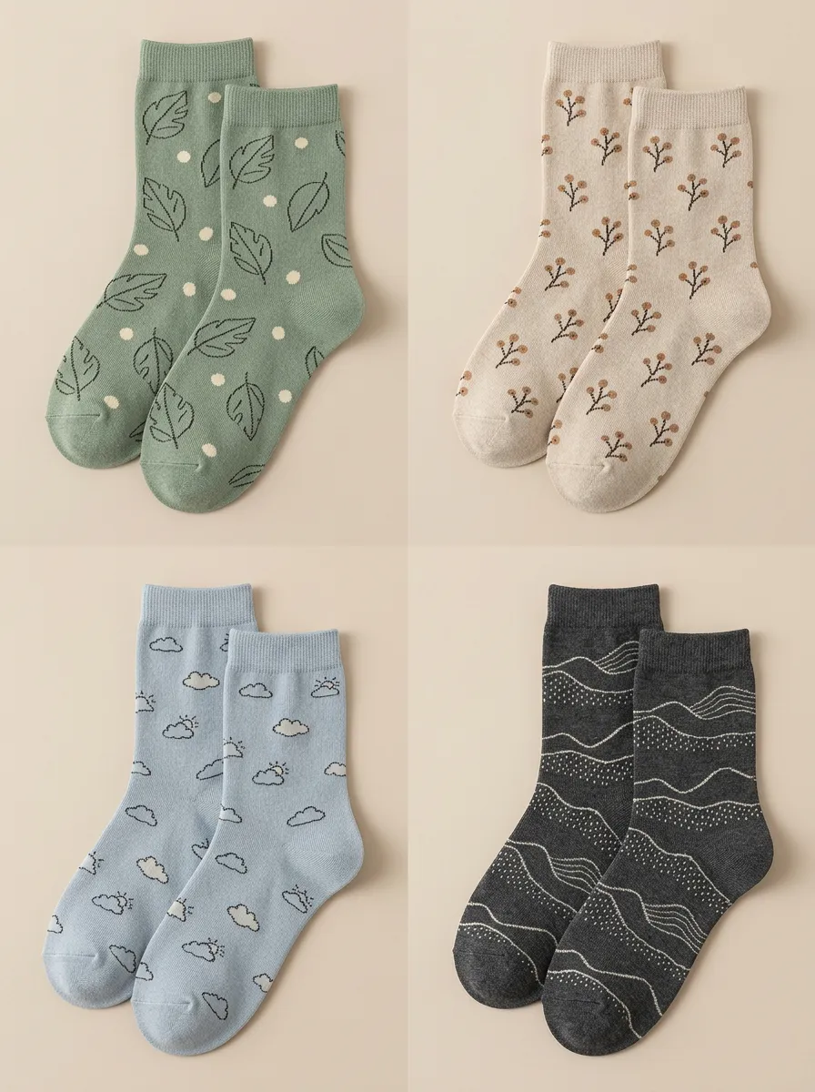 Women's Mountain Botanical Ribbed Mid Calf Crew Socks Four Pair Set