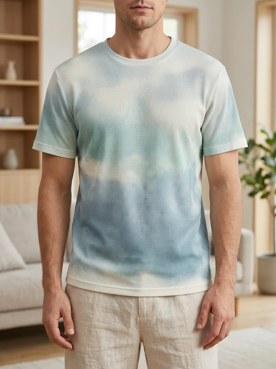 Men's Tie-dye Waffle Knit Minimal Crew Neck T-Shirt