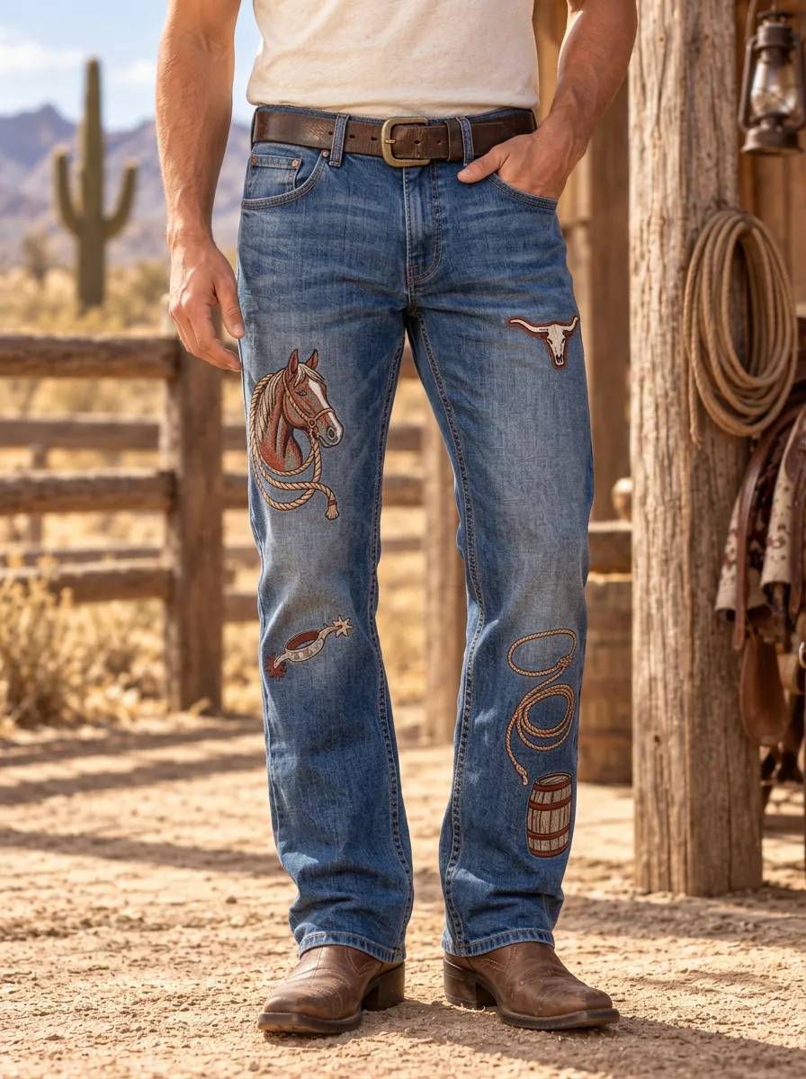 Men's Classic Western Cowboy Horse Skull Jeans