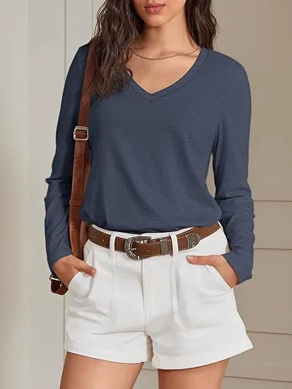 Women's V-Neck Long Sleeve Tee - Soft Curved Hem Top