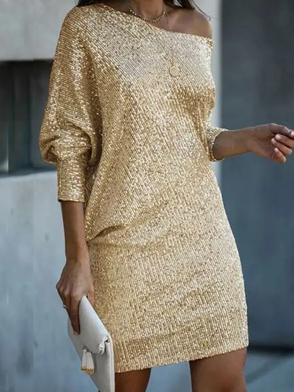 A Line Relaxed Asymmetric Sequined Solid Color One Shoulder Mini Dress