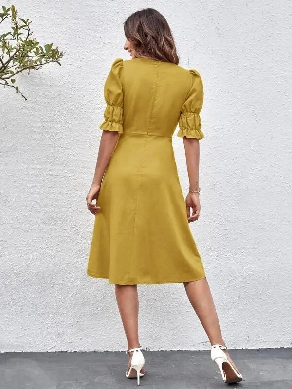 Women Ruffle Cuff Button Front Dress