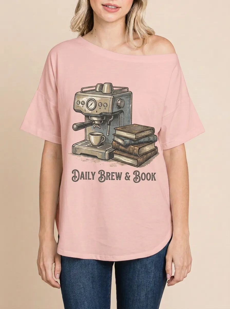 Women's Coffee Book Espresso Machine Stacked Books Graphic Off-Shoulder T-Shirt