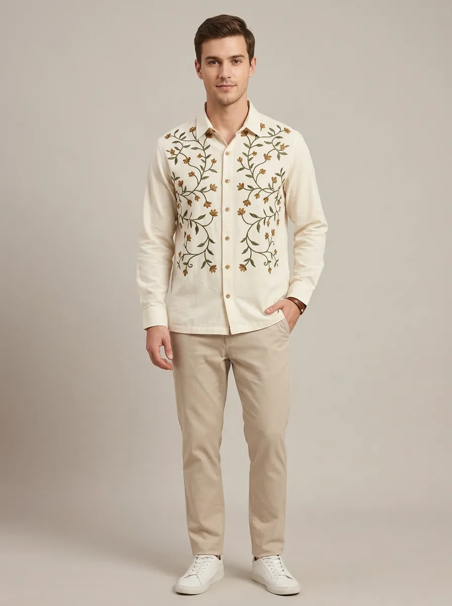 Men's Everyday Floral Embroidered Long Sleeve Shirt