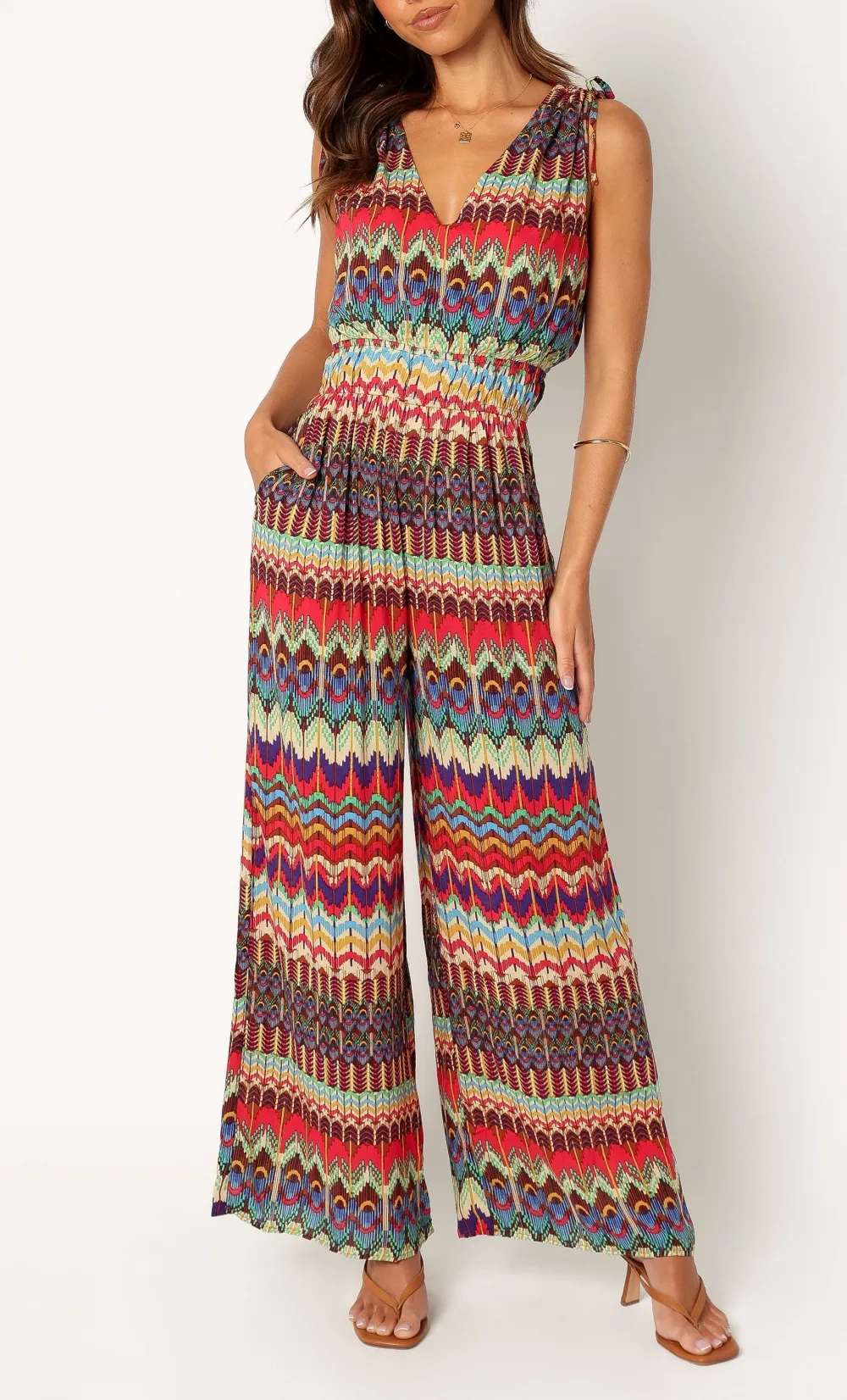 V-Neck Open-Back Wide-Leg Pocket Sleeveless Jumpsuit