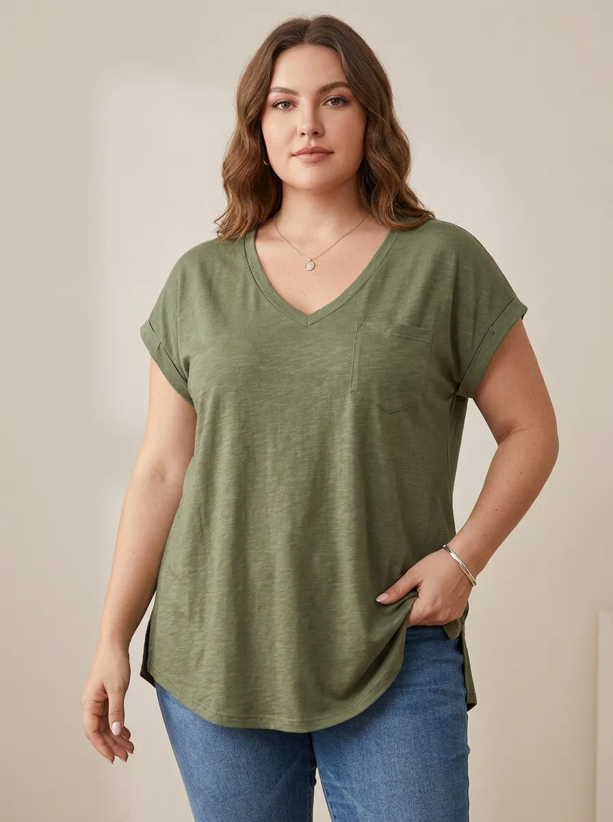 Women's Plus Size Olive V-Neck Pocket Tee