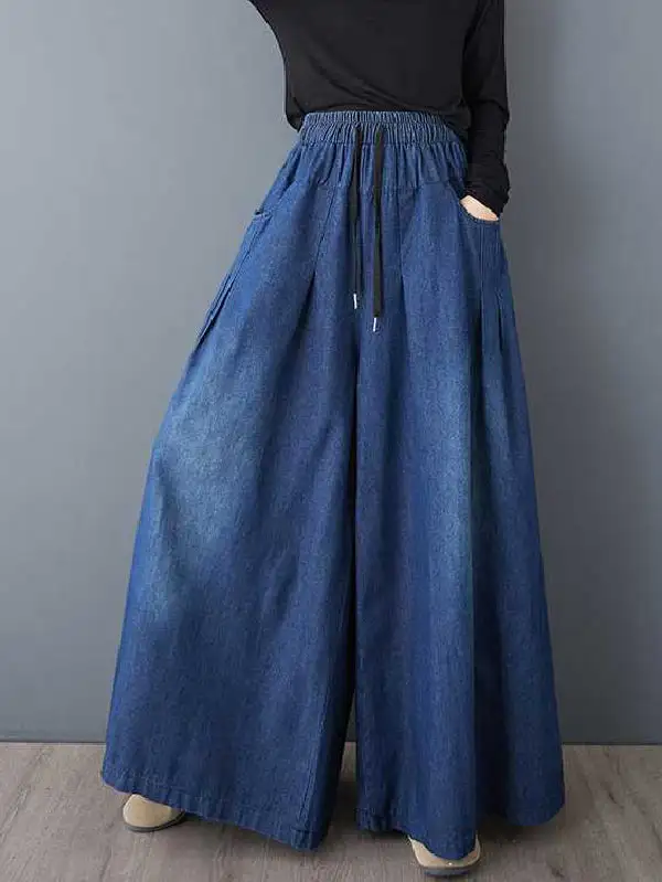 High Waist Relaxed Fit Wide Leg Pleated Drawstring Elastic Waist Pocket Jeans