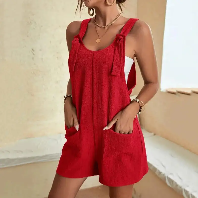 Feminine Detail V-Neck Bow-Button Silhouette Romper
