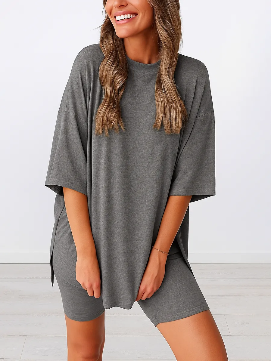 Women'S Summer Two-Piece Set 2025 Casual Oversized Shirts Biker Shorts Matching Airport Travel Outfit Split Hem Lounge