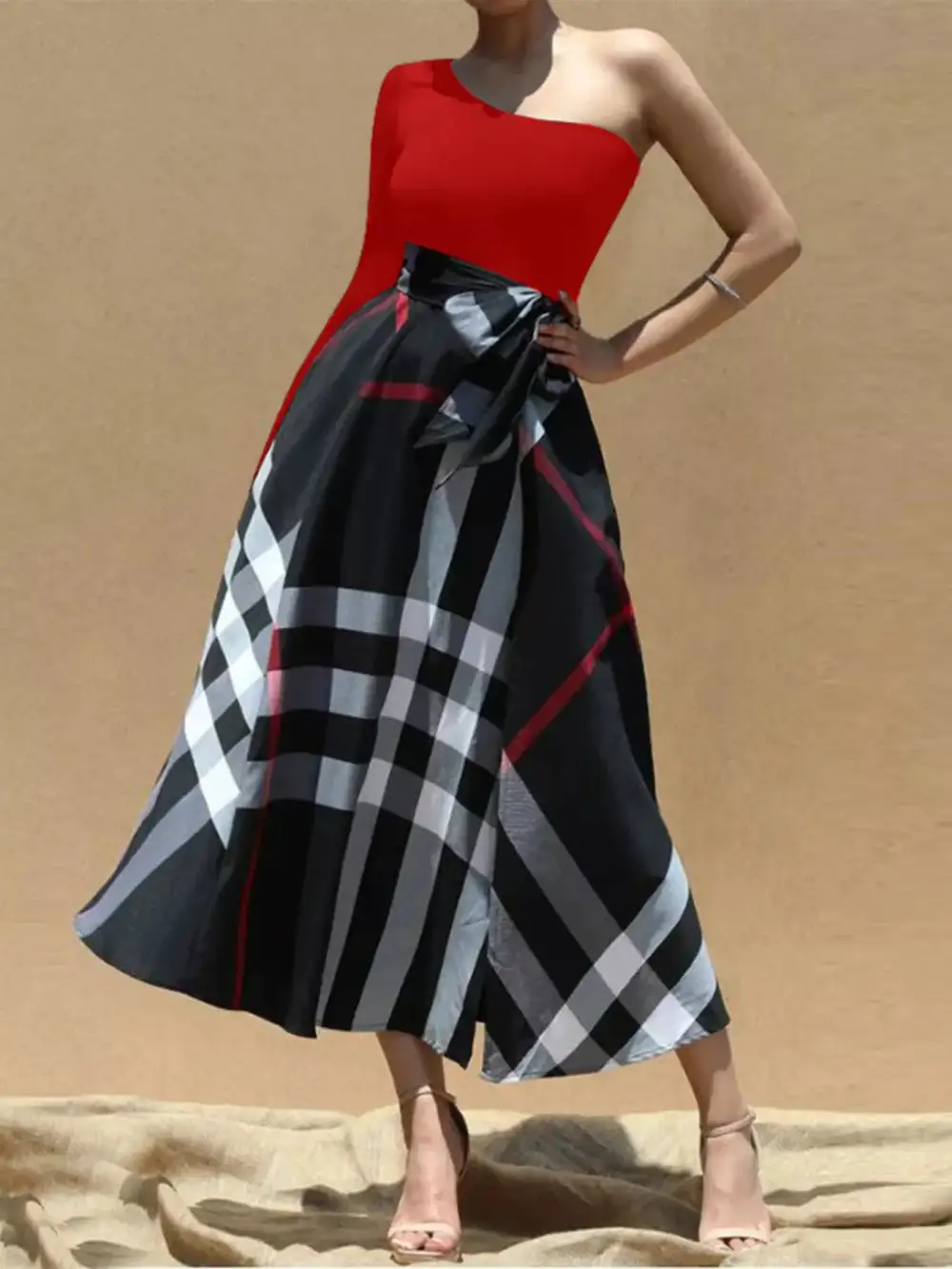 Asymmetrical One-Sleeve Midi Dress with Waist Tie