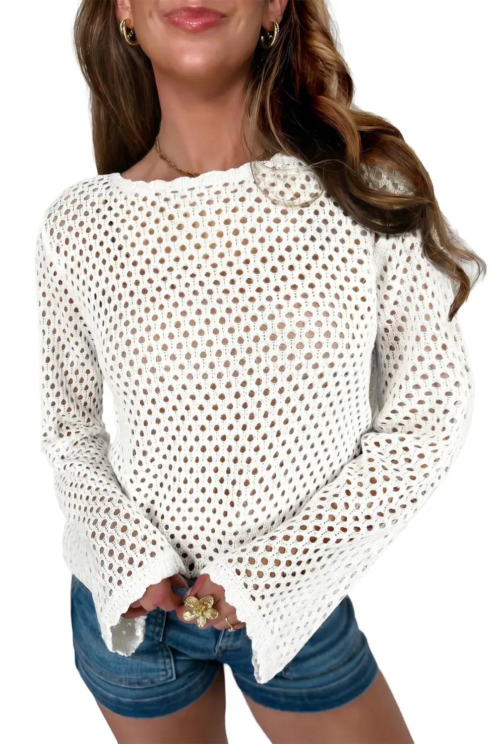 Knit Long Sleeve Openwork Top