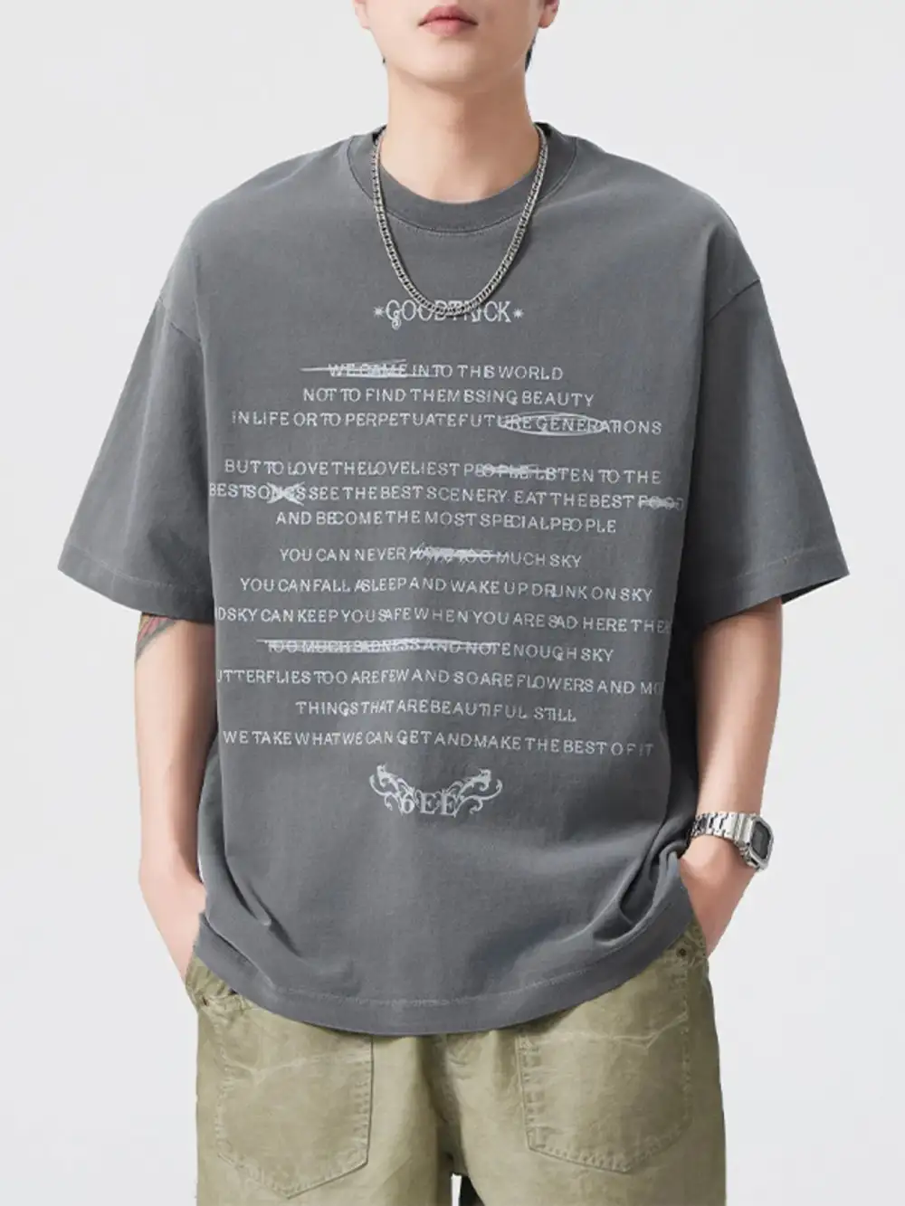 Stretch Letter Round-Neck Short-Sleeve T-Shirt