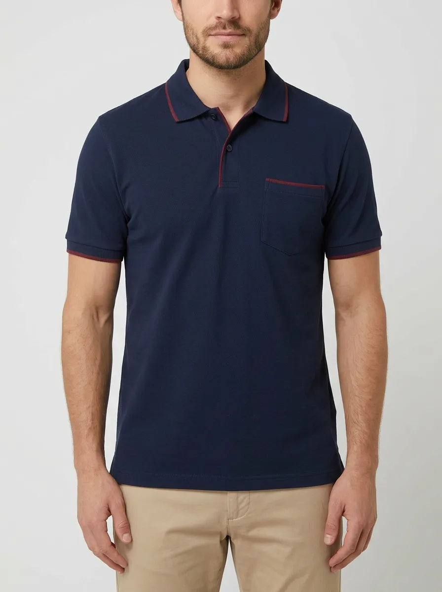 Men's Navy Blue Contrast-Trim Pocket Polo Shirt