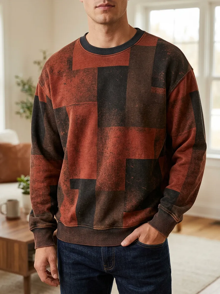 Men's Geometric Block Distressed Printed Fleece Sweatshirt