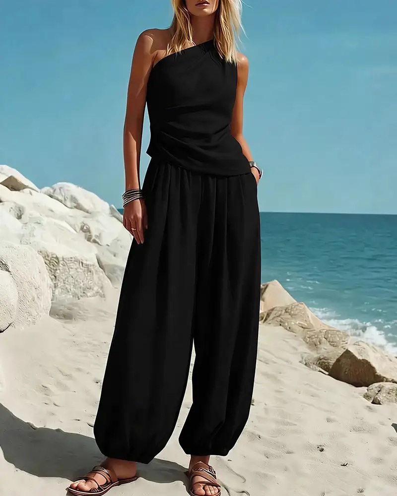 Draped Top and Flowy Harem Pants Two-Piece Set