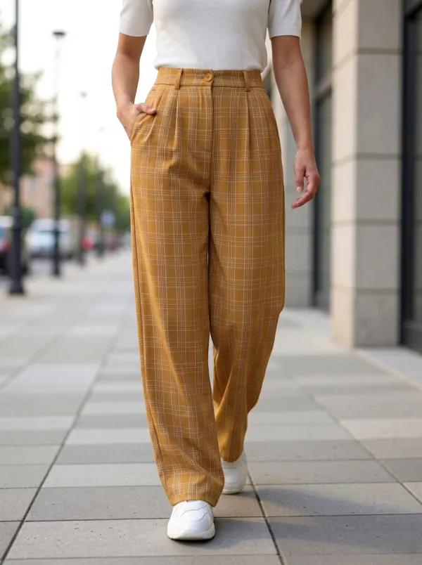 Women's Plaid Print Casual High-Rise Waist Belt Loops Pants