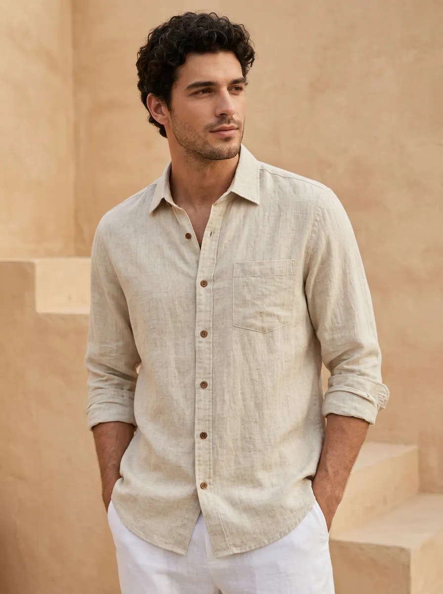 Men's Minimalist Beige Linen Button Down Long Sleeve Shirt