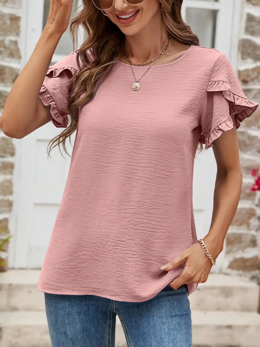 Textured Petal Sleeve Round Neck T-Shirt