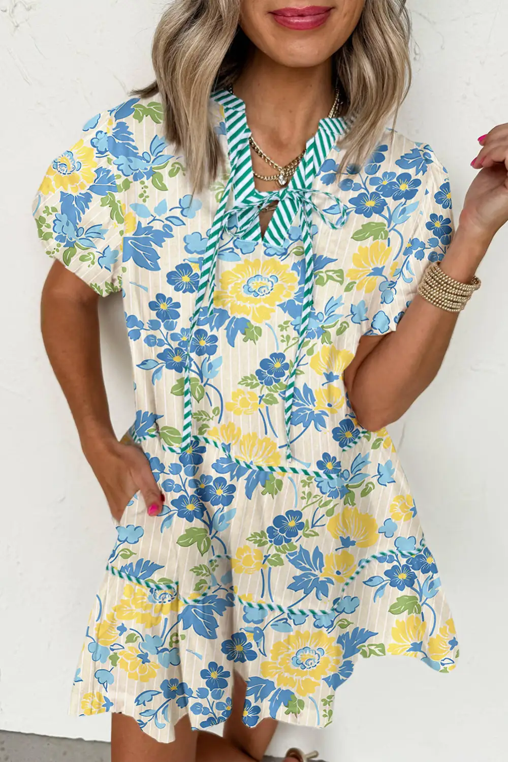 Striped Trim Puff Short Sleeve Dress