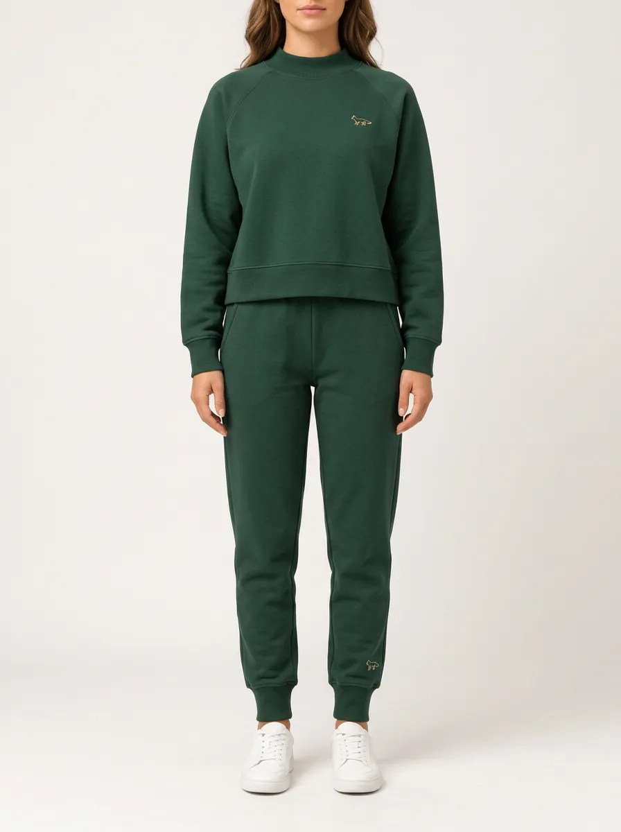 Forest Green Fox Motif Embroidery Sweatshirt and Pants Set