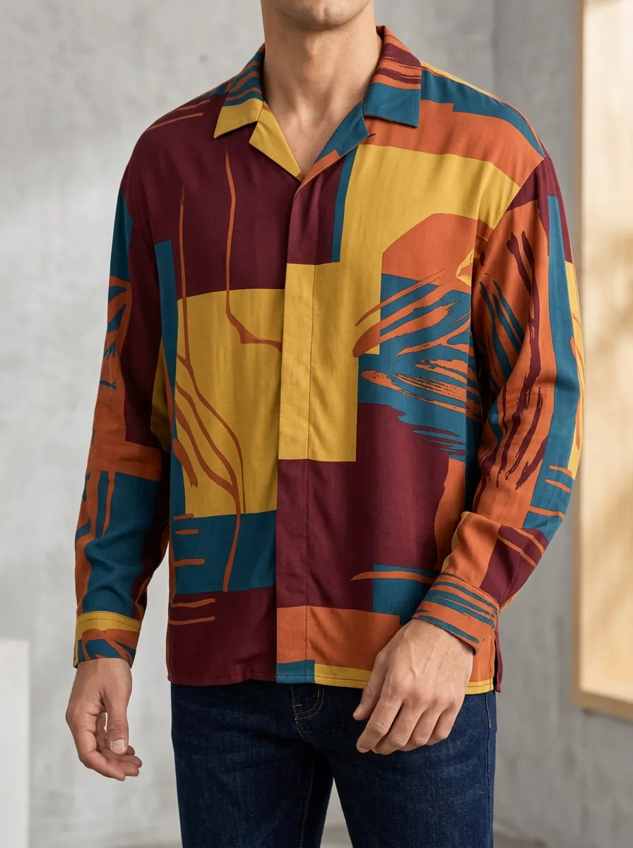 Men's Geometric and Colorblock Statement Long Sleeve Shirt