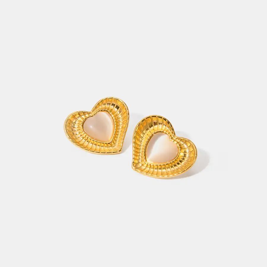 Stainless Steel Cat S Eye Stone Heart Earrings