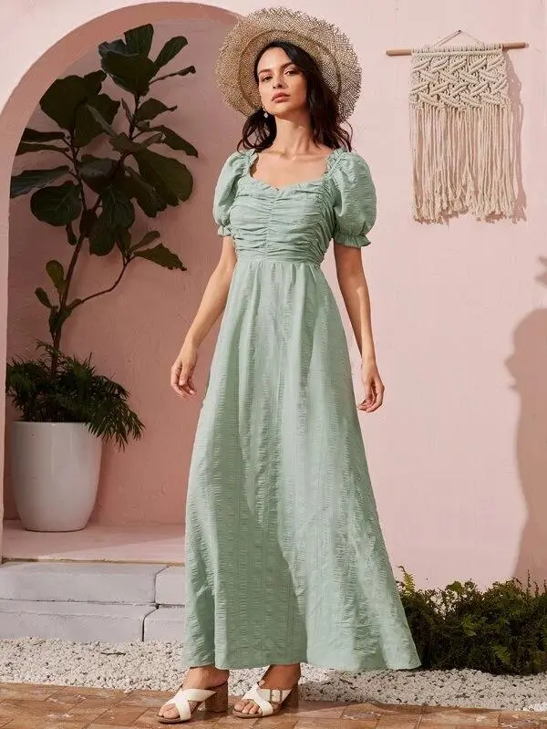 Women Ruched Front Shirred Maxi A-line Dress