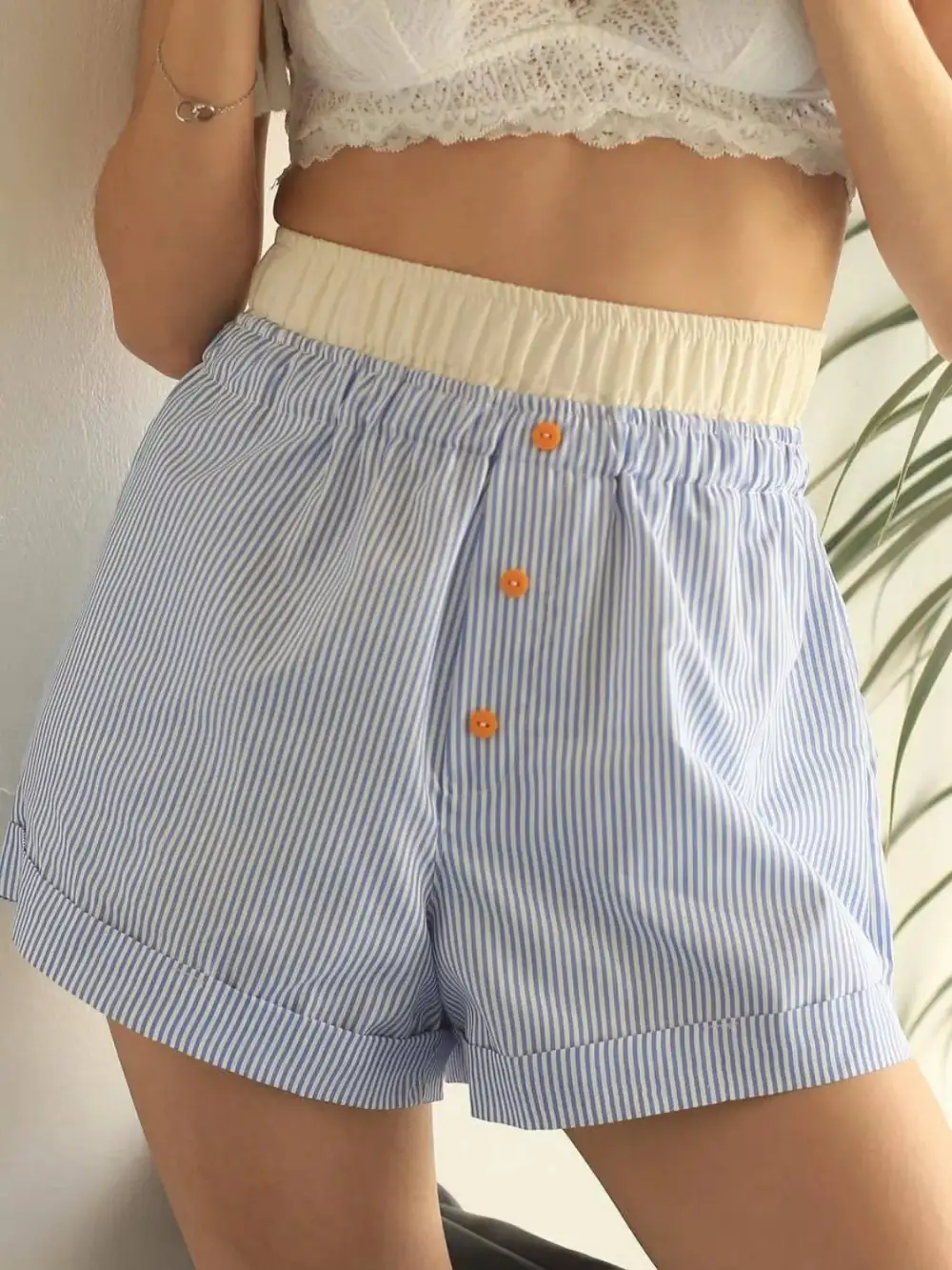 Textured Striped Elastic Waist Shorts