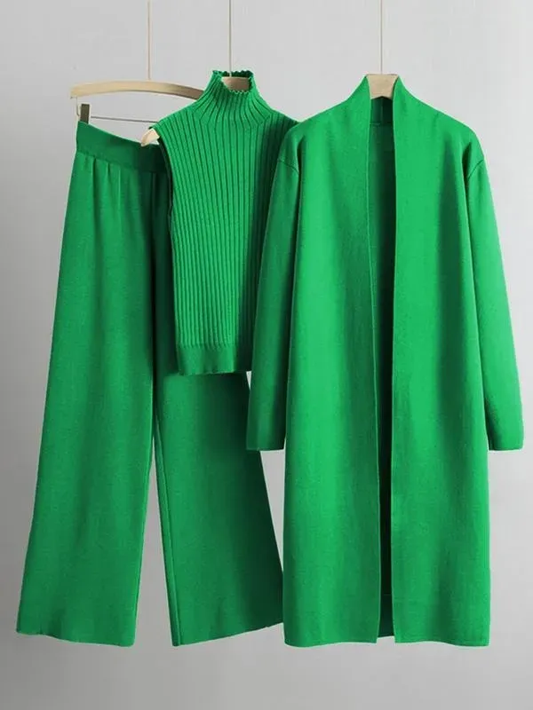 Trendy Knit Turtle Neck Tank & Wide Leg Trousers With Open-Front Long Cardigan Three-Piece Sets