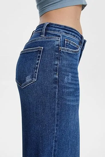 Mid-low Rise Baggy Jeans Stretchy Wide Leg for Women Distressed Pants