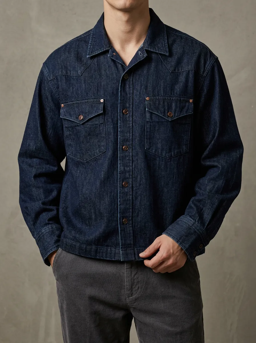 Western-Style Button-Front Denim Shirt with Classic Styling